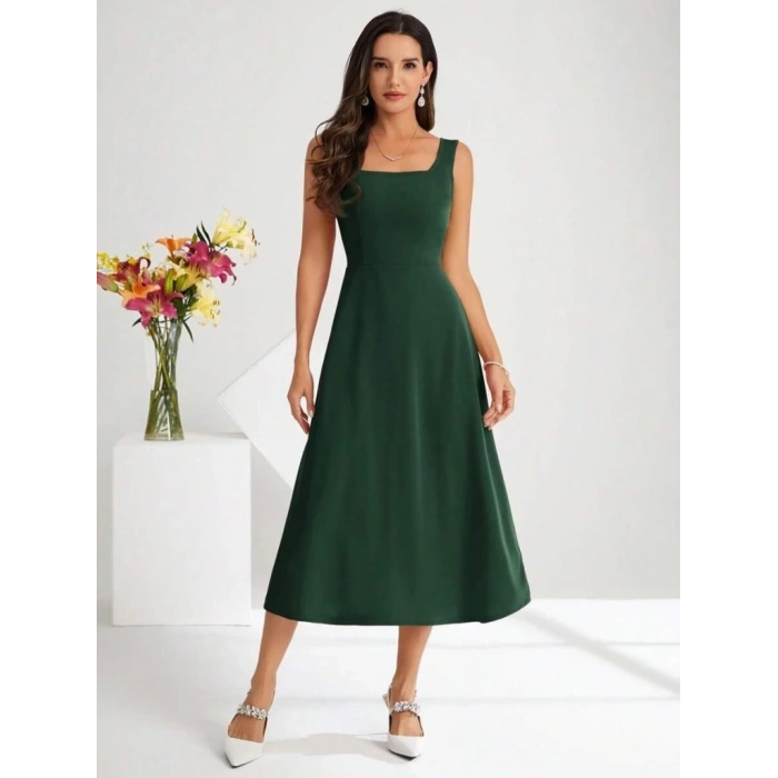 Kadın Askılı Kare Yakalı Midi Ithal Krep Elbise