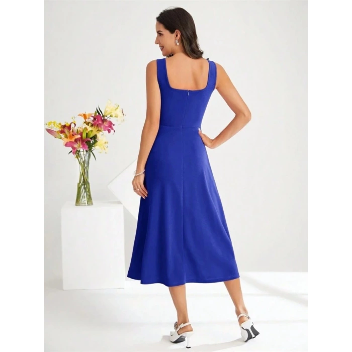 Kadın Askılı Kare Yakalı Midi Ithal Krep Elbise