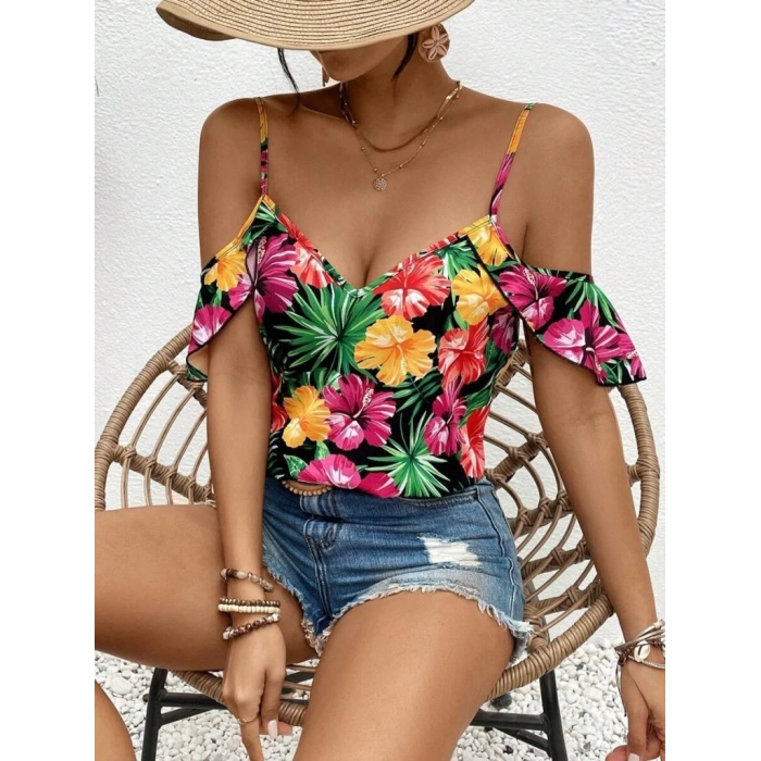 Kadın Askılı Omuzlardan Açık çiçek Baskılı Bluz