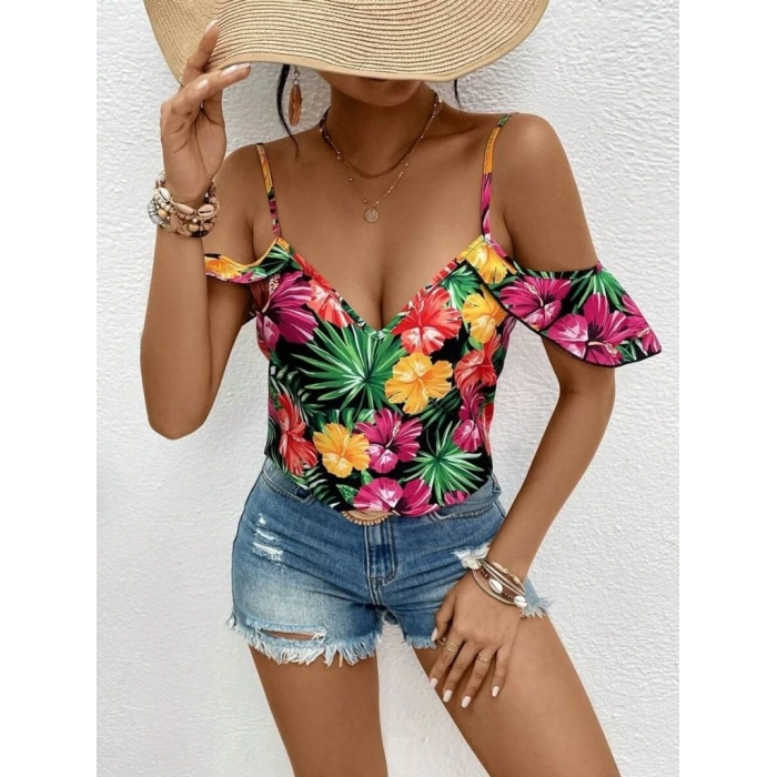 Kadın Askılı Omuzlardan Açık çiçek Baskılı Bluz