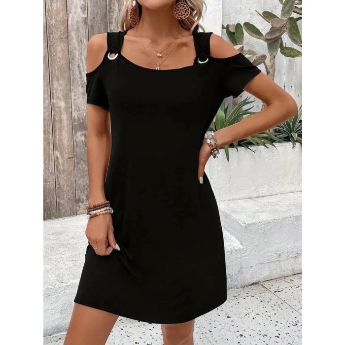 Kadın Askılı Omuzlardan Açık Kısa Kollu Kuş Gözü Detaylı Viskon Elbise