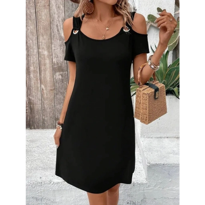 Kadın Askılı Omuzlardan Açık Kısa Kollu Kuş Gözü Detaylı Viskon Elbise