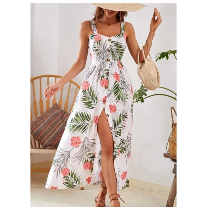 Kadın Askılı önden Düğmeli Yaprak Desenli Uzun Süprem Elbise