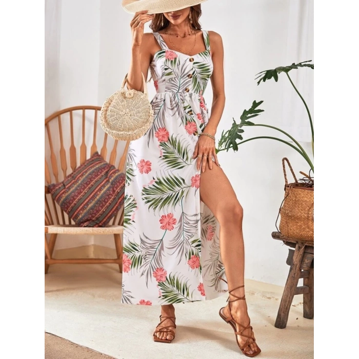 Kadın Askılı önden Düğmeli Yaprak Desenli Uzun Süprem Elbise