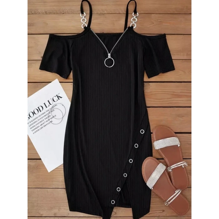 Kadın Askılı önü Fermuarlı Asimetrik Kesim Detaylı Kalın Fitilli Kaşkorse Elbise