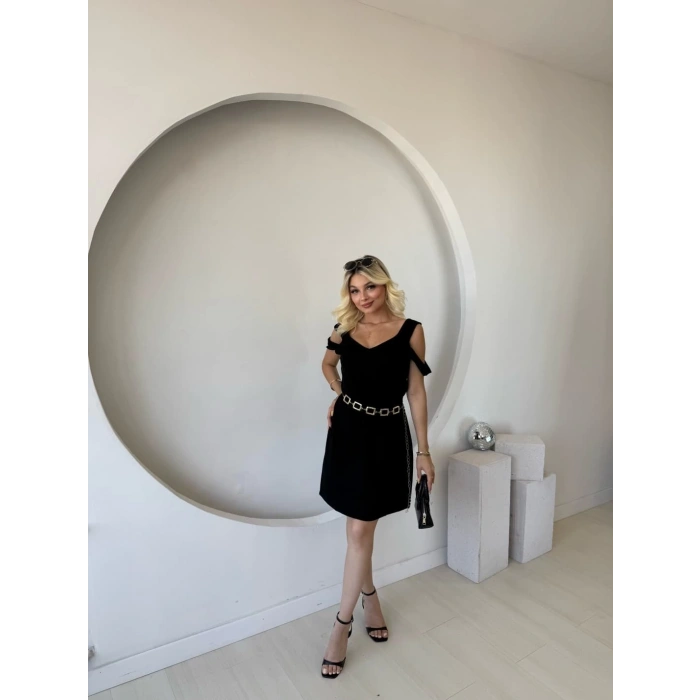 Kadın Askılı Soğuk Omuz Detaylı Modal Elbise