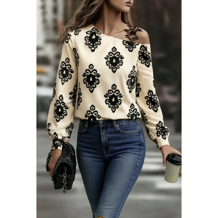 Kadın Askılı Uzun Kollu Omuzlardan Açık Desenli Mosskrep Bluz