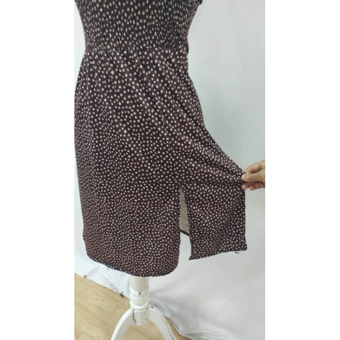 Kadın Askılı V Yakalı Beli Lastikli Yırtmaçlı Süprem Midi Elbise