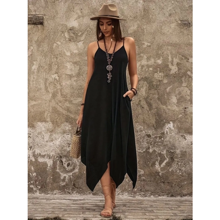 Kadın Askılı V Yakalı Cep Detaylı Asimetrik Kesim Detaylı Viskon Elbise