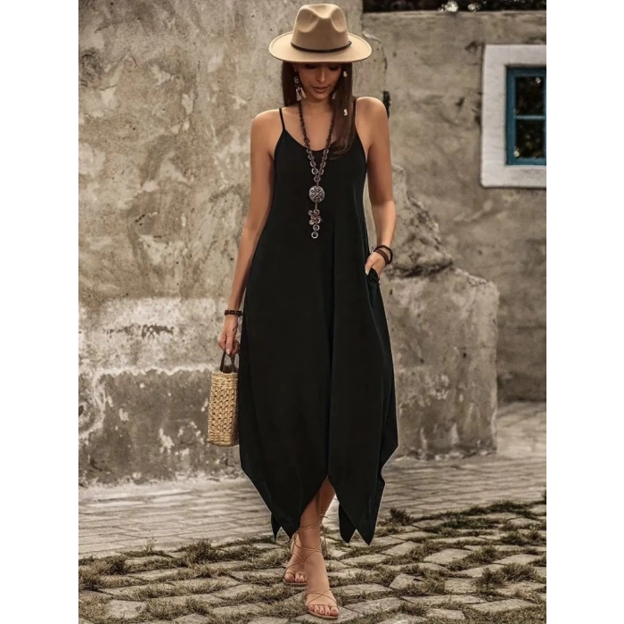 Kadın Askılı V Yakalı Cep Detaylı Asimetrik Kesim Detaylı Viskon Elbise