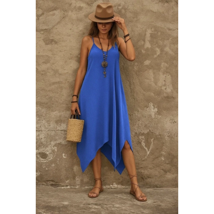 Kadın Askılı V Yakalı Cep Detaylı Asimetrik Kesim Viskon Elbise