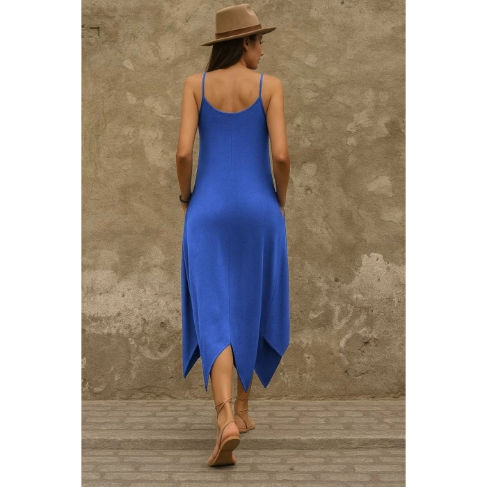 Kadın Askılı V Yakalı Cep Detaylı Asimetrik Kesim Viskon Elbise