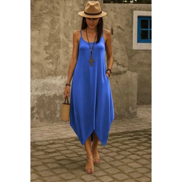 Kadın Askılı V Yakalı Cep Detaylı Asimetrik Kesim Viskon Elbise