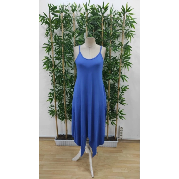 Kadın Askılı V Yakalı Cep Detaylı Asimetrik Kesim Viskon Elbise