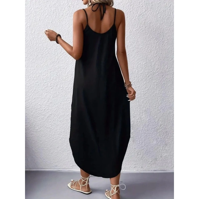 Kadın Askılı V Yakalı Desenli Uzun Viskon Elbise