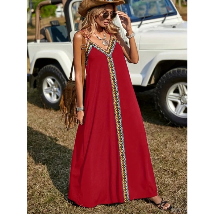Kadın Askılı V Yakalı Etnik şerit Detaylı Uzun Viskon Elbise