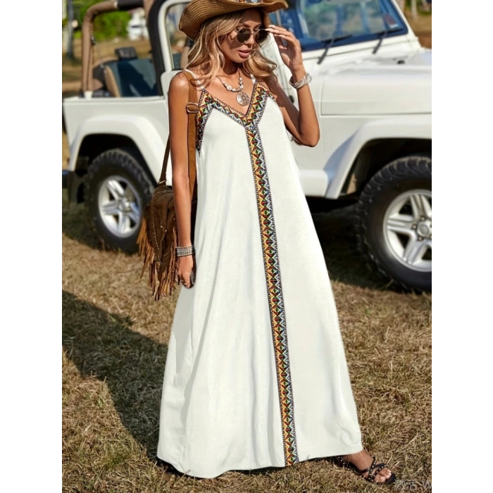 Kadın Askılı V Yakalı Etnik şerit Detaylı Uzun Viskon Elbise