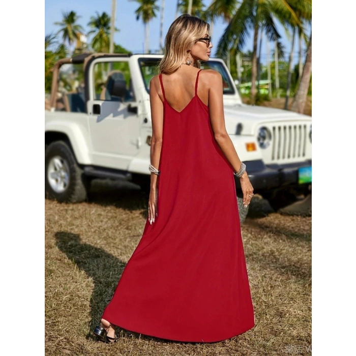 Kadın Askılı V Yakalı Etnik şerit Detaylı Uzun Viskon Elbise