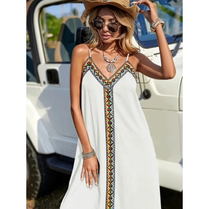 Kadın Askılı V Yakalı Etnik şerit Detaylı Uzun Viskon Elbise