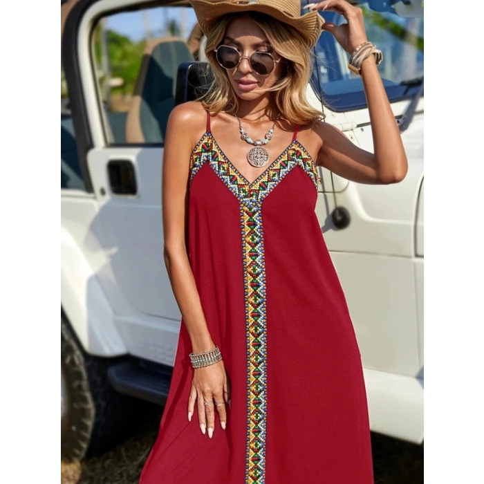 Kadın Askılı V Yakalı Etnik şerit Detaylı Uzun Viskon Elbise