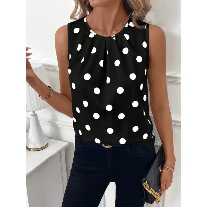 Kadın Askılı Yakası Büzgülü Puantiyeli Atlas Bluz