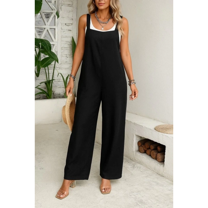 Kadın Askılı Yandan Fermuarlı Geniş Paçalı Valencia Tulum