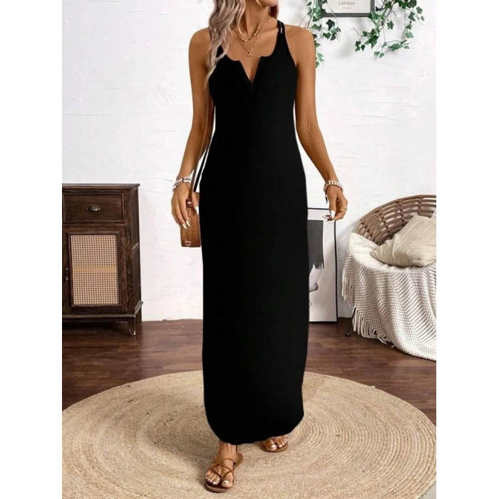 Kadın Askılı Yuvarlak Yaka Asimetrik Detaylı Viskon Elbise