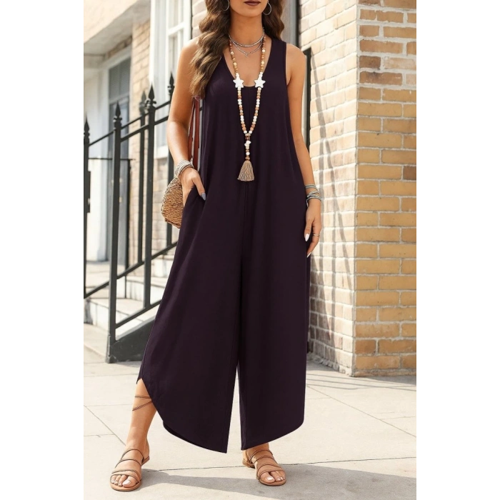 Kadın Askılı Yuvarlak Yaka Cepli Salaş Uzun Viskon Tulum