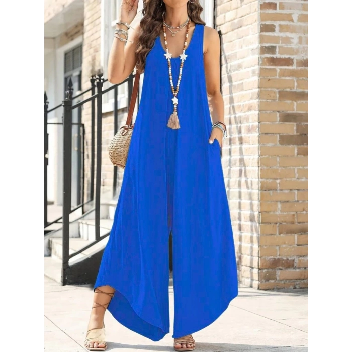 Kadın Askılı Yuvarlak Yaka Cepli Salaş Uzun Viskon Tulum