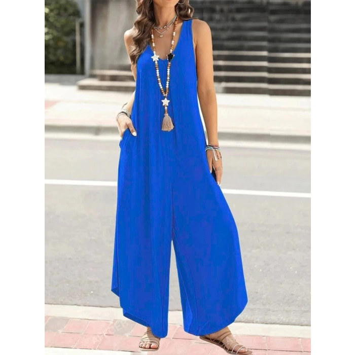 Kadın Askılı Yuvarlak Yaka Cepli Salaş Uzun Viskon Tulum