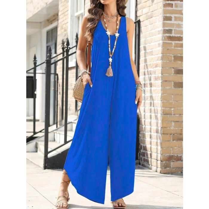 Kadın Askılı Yuvarlak Yaka Cepli Salaş Uzun Viskon Tulum