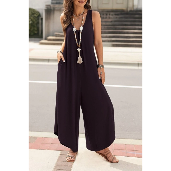 Kadın Askılı Yuvarlak Yaka Cepli Salaş Uzun Viskon Tulum