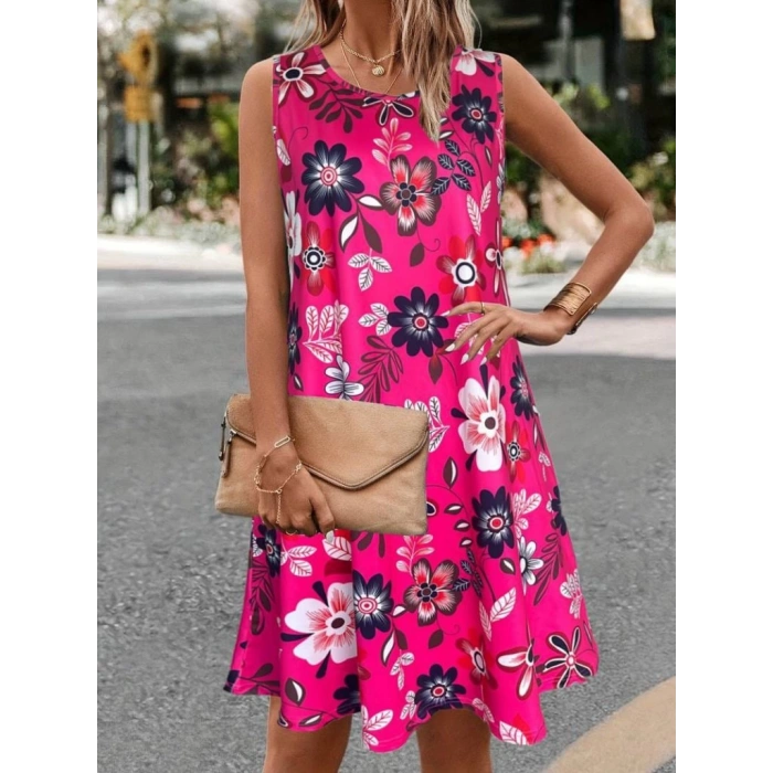 Kadın Askılı Yuvarlak Yaka Desenli A Kesim Süprem Elbise