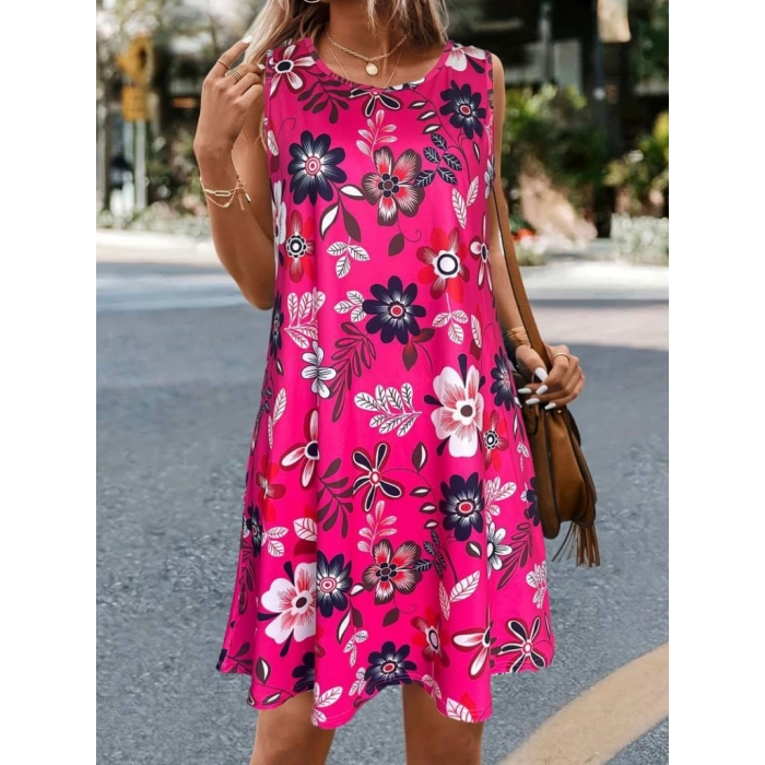 Kadın Askılı Yuvarlak Yaka Desenli A Kesim Süprem Elbise