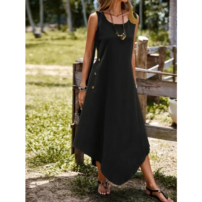 Kadın Askılı Yuvarlak Yaka Düğmeli Asimetrik Kesim Detaylı Ithal Keten Elbise