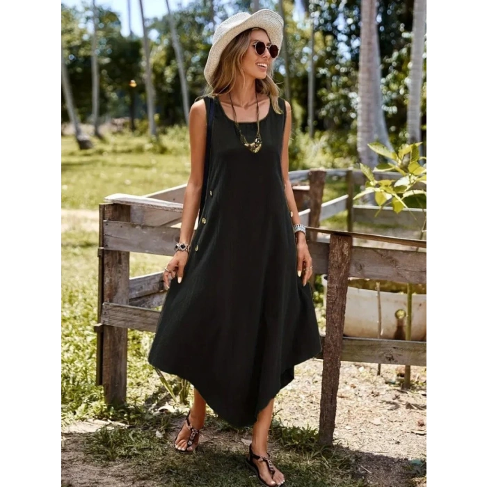 Kadın Askılı Yuvarlak Yaka Düğmeli Asimetrik Kesim Detaylı Ithal Keten Elbise