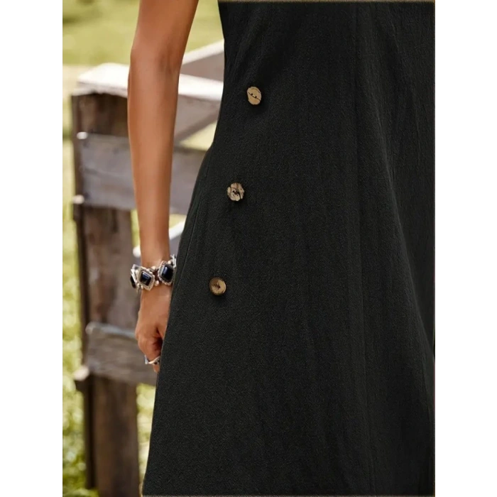 Kadın Askılı Yuvarlak Yaka Düğmeli Asimetrik Kesim Detaylı Ithal Keten Elbise