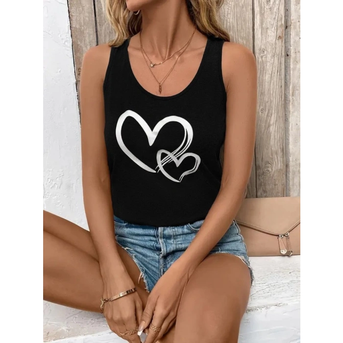 Kadın Askılı Yuvarlak Yaka Kalp Baskılı Viskon Bluz