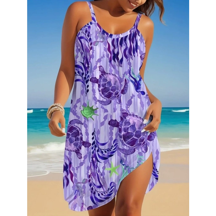 Kadın Askılı Yuvarlak Yaka Kaplumbağa Desenli Süprem Elbise