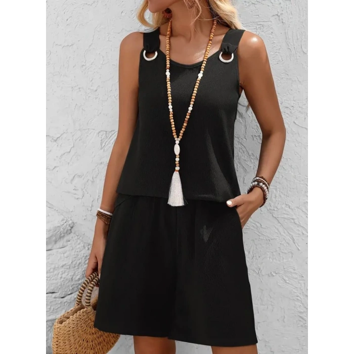 Kadın Askılı Yuvarlak Yaka Kuş Gözü Detaylı Bürümcük Bluz Ve Short Ikili Takım