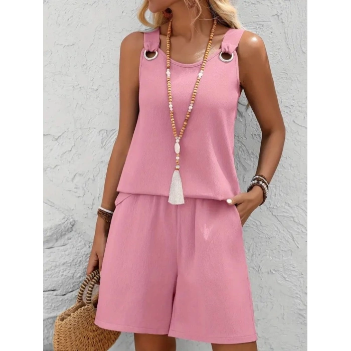 Kadın Askılı Yuvarlak Yaka Kuş Gözü Detaylı Bürümcük Bluz Ve Short Ikili Takım