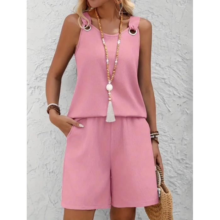 Kadın Askılı Yuvarlak Yaka Kuş Gözü Detaylı Bürümcük Bluz Ve Short Ikili Takım