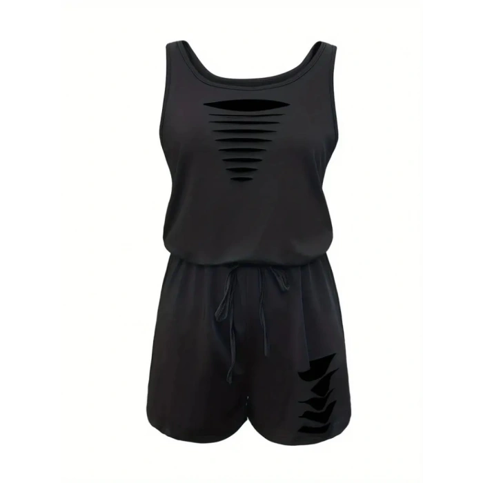 Kadın Askılı Yuvarlak Yaka Lazer Kesim Detaylı Bağcıklı Kısa Viskon Tulum