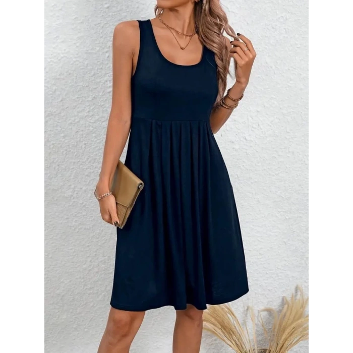 Kadın Askılı Yuvarlak Yaka önden Pileli Viskon Elbise