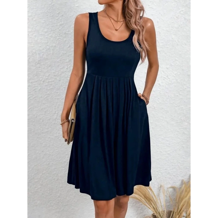 Kadın Askılı Yuvarlak Yaka önden Pileli Viskon Elbise