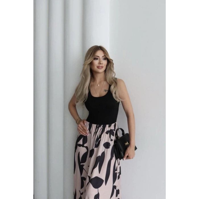 Kadın Askılı Yuvarlak Yaka üst Viskon Alt Desenli Uzun Süprem Elbise