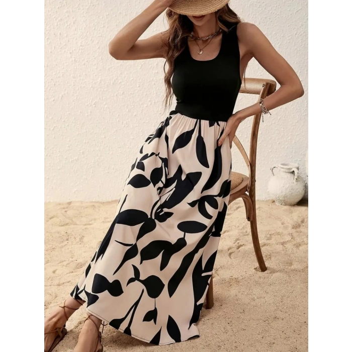 Kadın Askılı Yuvarlak Yaka üst Viskon Alt Desenli Uzun Süprem Elbise