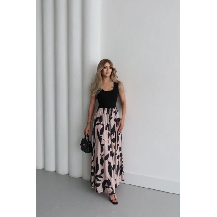 Kadın Askılı Yuvarlak Yaka üst Viskon Alt Desenli Uzun Süprem Elbise