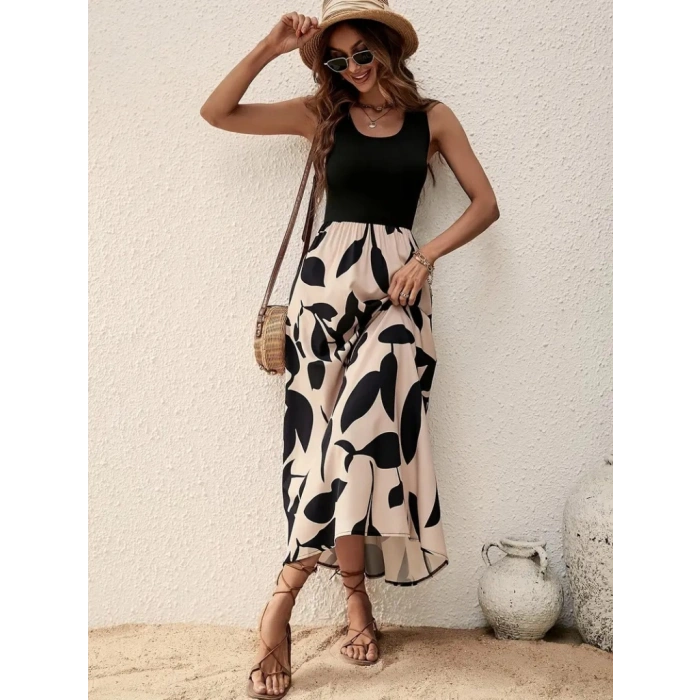 Kadın Askılı Yuvarlak Yaka üst Viskon Alt Desenli Uzun Süprem Elbise