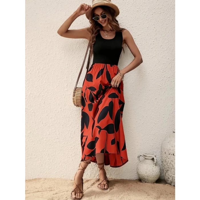 Kadın Askılı Yuvarlak Yaka üst Viskon Alt Desenli Uzun Süprem Elbise